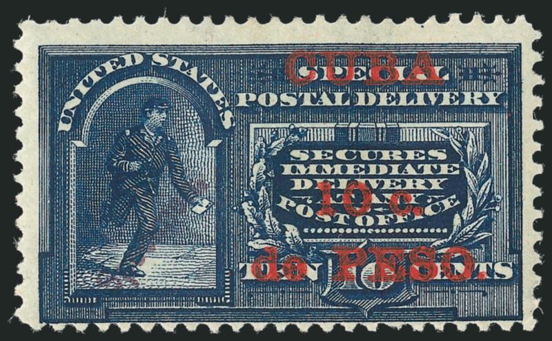 1899, 10c on 10c Blue, Special Delivery, Five Dots in Curved Frame Above Messengers Head and Missing the Period After Cuba, Specimen Ovpt. (E1aSa var).> Original gum, h.r., strong color, centered to bottom,
Fine, very rare, printed from plate no