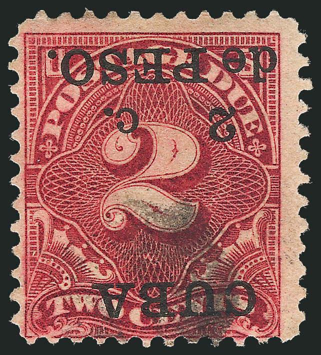 1899, 2c on 2c Deep Claret, Postage Due, Inverted Surcharge (J2a).> On small piece, neat cancel, deep color and proof-like impression, some slight thinning<><>^FINE APPEARING EXAMPLE OF THE CUBA 2-CENT ON 2-CENT
POSTAGE DUE WITH INVERTED OVERPRINT.
