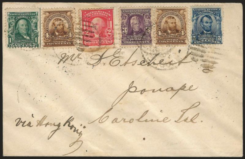Guam Isl. Guam Oval Grid Duplex Datestamps.> Third U. S. Post Office cancel for Guam ties unoverprinted U.S. 1902-03 Issue Nos. 300, 302-304 (extra 303) and 319 on 1907 philatelic cover to <Ponape, Caroline
Islands,> routed via Hong Kong, Manil