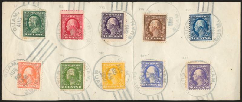U.S. Used in Guam.> Nos. 331-338, 340-341 on piece, tied by Guam Guam Aug. 25, 1910 circular datestamps, couple natural s.e., mixed centering, very attractive