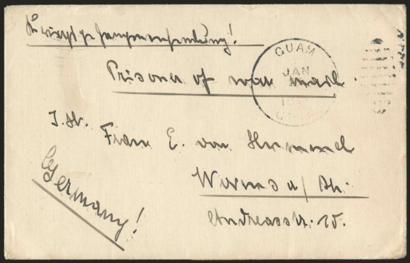 Guam Prisoner of War Cover.> Guam Guam Jan 2 (5?) 1917 circular datestamp, ms. Prisoner of war mail on cover to Germany, the reverse with printed three-line Opened By Censor. P.W. 340 and Manila P.I. Feb. 3,
1917 transit, Very Fine, when the