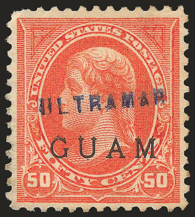 1899, 3c-50c Ultramar (Overseas) Specimen Ovpts. (3S, 7S-11S, E1S).> Without gum, 3c and 8c natural s.e., 15c and 50c light creases, 10c Special Delivery rounded corner and short perf<><>^FINE-VERY FINE. A RARE
GROUP OF GUAM SPECIMENS AND POSSIBL