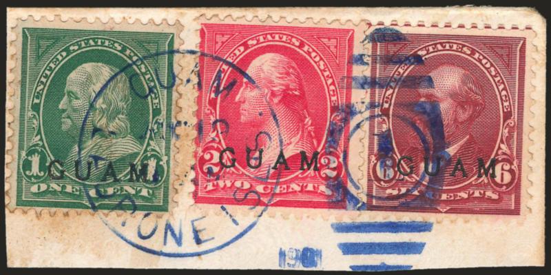 1899, 1c-6c Ovpts. (1-2, 5-6).> Nine stamps on three pieces, two are 1c, 2c and 5c combinations, one tied Guam Isl Guam 1905, the other (First Printing) tied straightline San Luis DApra, Guam Dec 23(1899), third
is 1c, 2c and 6c combination tied