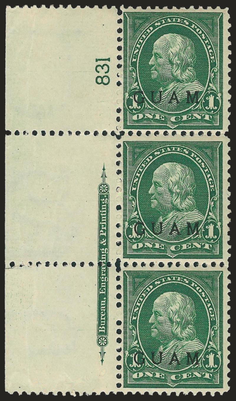 1899, 1c Deep Green, Second Printing (1).> Left imprint and plate nos. 810-813, 830-833 strips of three, two unused (no gum), others original gum (some stamps Mint N.H.), couple stamps thin on no. 810 and top
stamp on 812 small piece missing, otherwi