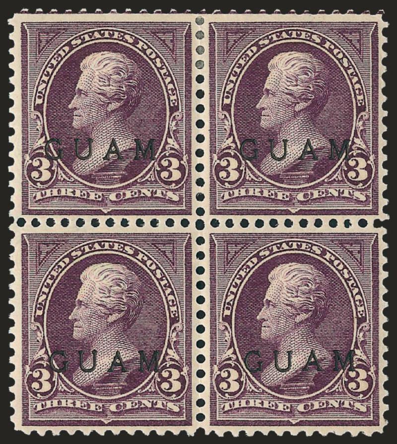 1899, 3c Purple (3).> Block of four, original gum, guide line at top, exceptionally well-centered, Very Fine-Extremely Fine