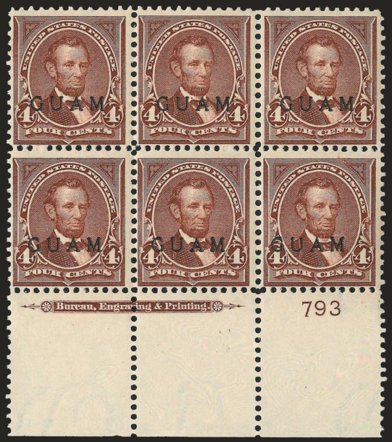 1899, 4c Lilac Brown (4).> Wide bottom imprint and plate no. 793 block of six, original gum, Fine and attractive