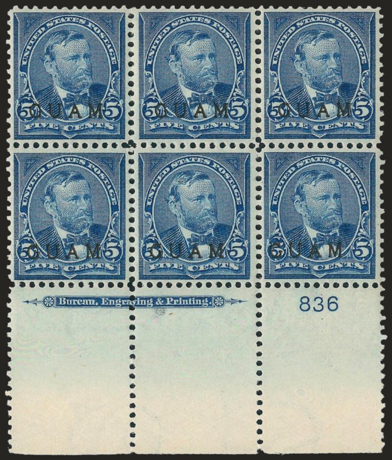 1899, 5c Blue (5).> Wide bottom imprint and plate no. 836 block of six, exceptionally well-centered, rich color, small thin spot or natural translucency just beneath the & in the imprint, otherwise Extremely
Fine