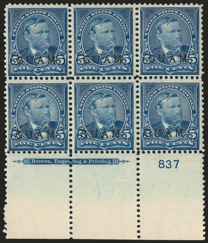 1899, 5c Blue (5).> Wide bottom imprint and plate no. 837 block of six, original gum, Fine-Very Fine, nice plate block