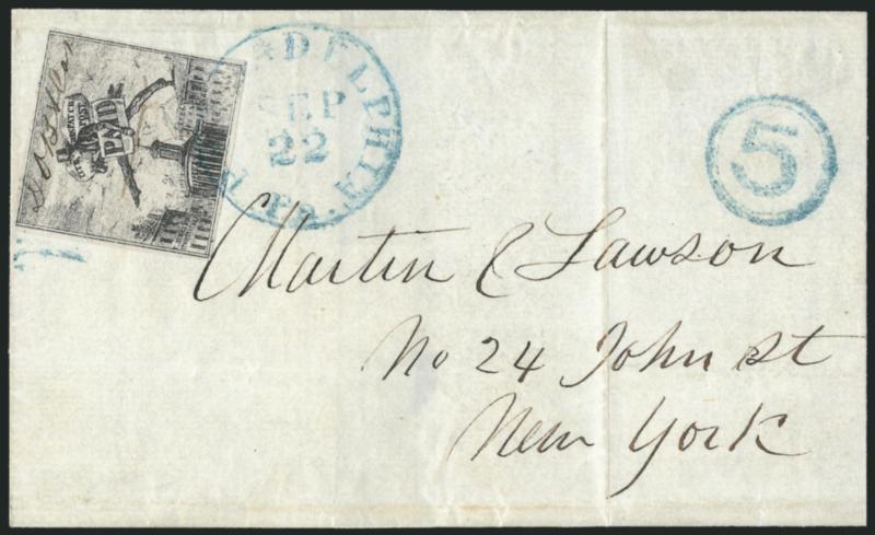 D. O. Blood & Co., Philadelphia Pa., (3c) Black on Grayish, D.O.B. & Cos. initials (15L4).> Full to large margins, <tied> by blue Philadelphia Pa. Sep. 22 circular datestamp with matching 5 in double-circle
handstamp on folded cover to New York