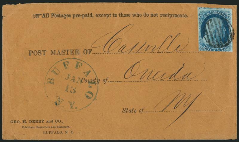 1c Blue, Ty. IIIa (8A).> Large margins to in at bottom, clear break in outer line at top, tied by black grid, blue Buffalo N.Y. Jan. 13 circular datestamp on brown cover to Oneida N.Y., pointing hand at top with
<All Postages pre-paid, except to t