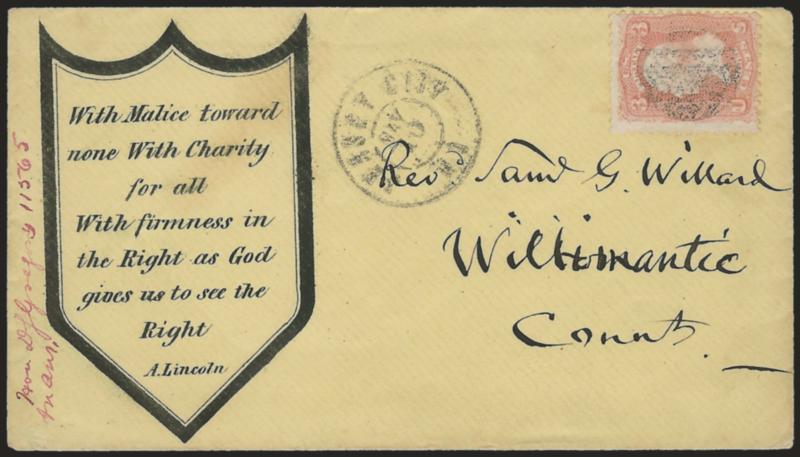 3c Rose (65).> Bright color, cancelled by grid, Jersey City N.J. May 10 double-circle datestamp on yellow cover to Willimantic Conn. with <Lincoln mourning shield containing With Malice toward none... quote,>
Milgram AL-376 (illustrated on p. 173