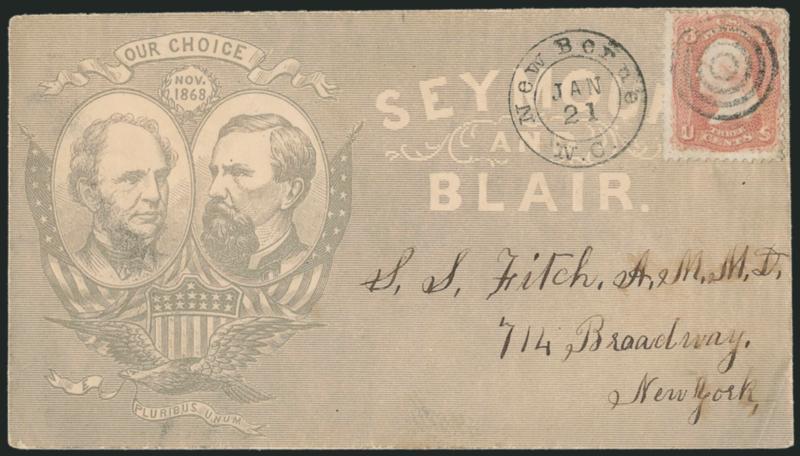 3c Rose (65).> Cancelled by target, New Berne N.C. Jan. 21 double-circle datestamp on cover to New York City with <Our Choice Seymour and Blair overall gray campaign design,> Owens & Agar imprint on flap,
Milgram HS-7, Very Fine