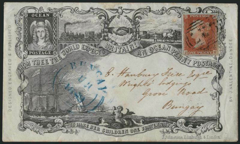 Great Britain, 1841, 1p Red Brown on Bluish (3 SG 8).> JH, large margins to full, tied by barred oval numeral handstamp, blue Yarmouth-North Fork JU 20, 1849 backstamp on cover to Bungay, with <Ocean Penny Postage
illustrated propaganda design,> J