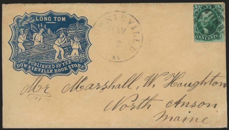 10c Green, Ty. II (14).> Two full margins, cut in at top and left, dark shade, tied by segmented cork cancel, Downieville Cal. May 17 circular datestamp on light buff cover to North Anson Me. with <Downieville
Book Store blue cameo corner card depi