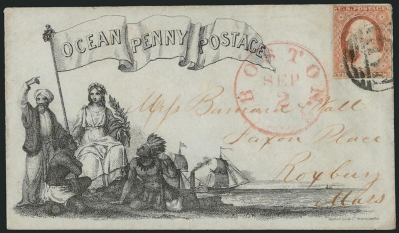 3c Dull Red, Ty. II (11A).> Pale shade, margins to clear, tied by large Paid grid, red Boston Sep. 2 circular datestamp on cover to Roxbury Mass., with <Ocean Penny Postage illustrated propaganda design> depicting
female Peace and members of va
