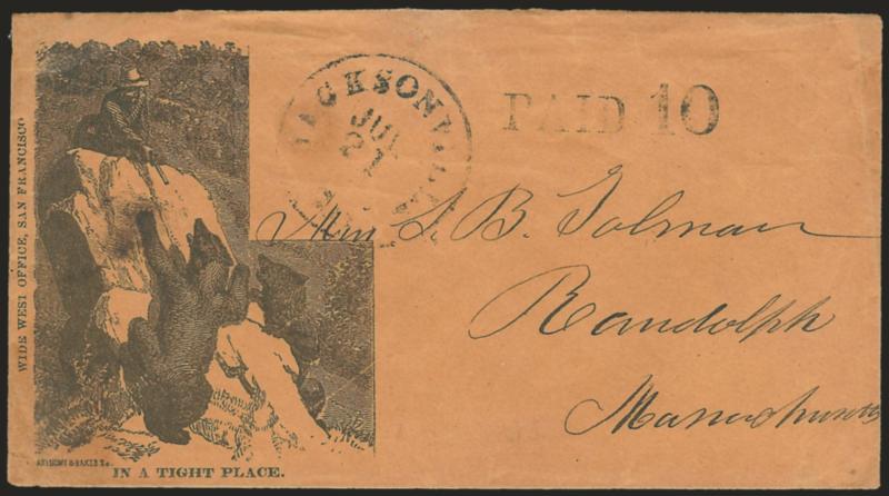 Jacksonville Cal. Jul. 21.> Mostly clear circular datestamp and Paid 10 straightline handstamp on brown cover to Randolph Mass. with n a Tight Place illustrated miners design> depicting miner shooting grizzlies,
small piece of backflap removed