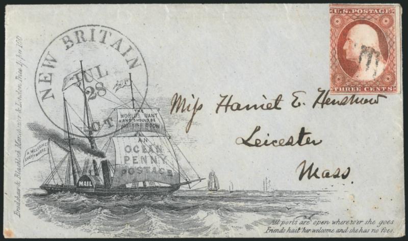 3c Dull Red, Ty. I (11).> Large margins to just in at left incl. <sheet margin at right,> cancelled by unobtrusive grid, perfect strike of New Britain Ct. Jul. 28 circular datestamp on grayish cover to Leicester
Mass., with <The worlds want an Oce