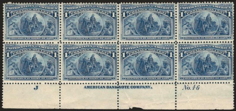 1c Columbian (230).> Mint N.H. bottom imprint, plate no. 46 and letter J at left block of eight, bright color, few flaws in selvage, otherwise Fine