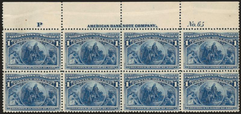 1c Columbian (230).> Mint N.H. top imprint, plate no. 65 and letter P at left block of eight, deep rich color, light natural bend in selvage at top, Fine