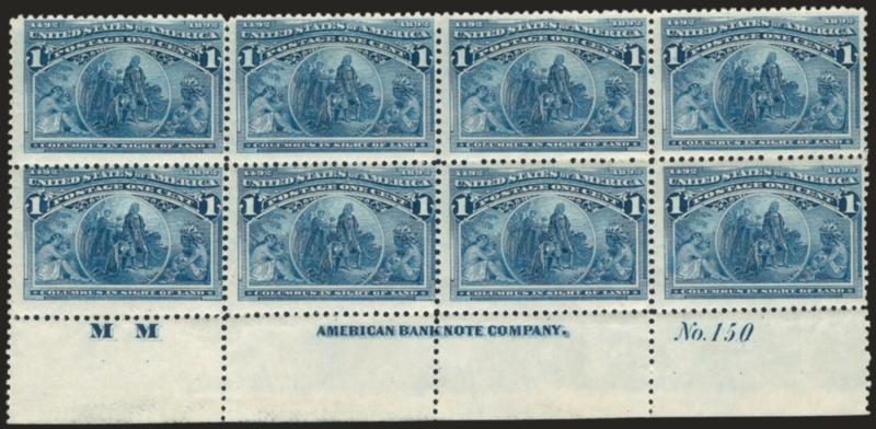 1c Columbian (230).> Bottom imprint, plate no. 150 and letter M M at left block of eight, bright color, original gum, barest trace of hinging where few minor perf separations expertly reinforced, still fresh
and Fine