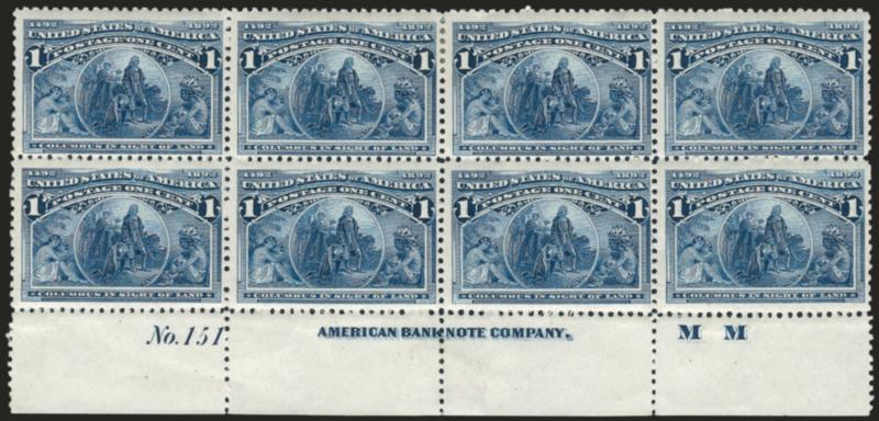 1c Columbian (230).> Bottom imprint, plate no. 151 and letter M M at right block of eight, original gum, h.r. at top center, crisp impression, Fine