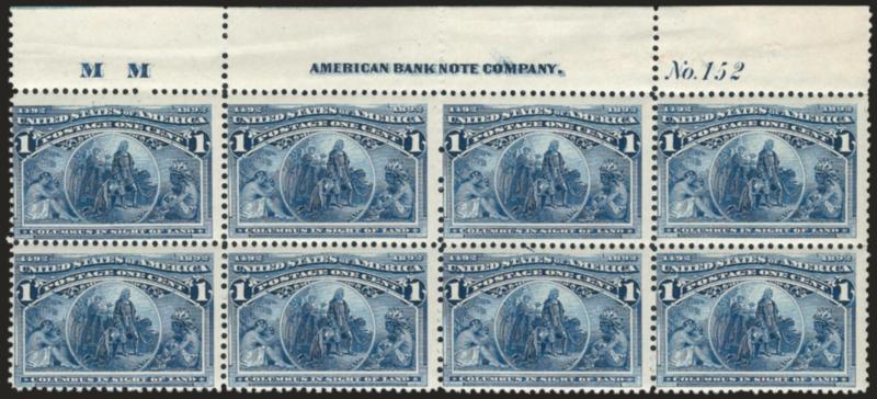 1c Columbian (230).> Mint N.H. top imprint, plate no. 152 and letter M M at left block of eight, crisp impression, Pos. 2 small natural inclusion, Fine