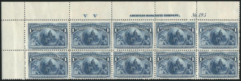 1c Columbian (230).> Mint N.H. top imprint, plate no. 195 and letter V V at left block of ten, crisp impression, natural short gum on one, Very Fine