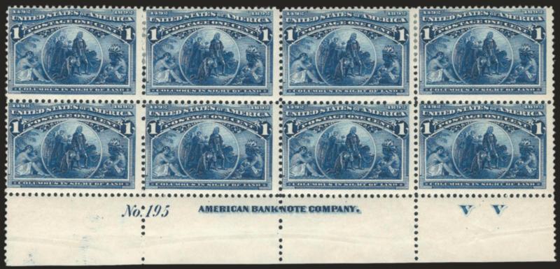 1c Columbian (230).> Bottom imprint, plate no. 195 and letter V V at right block of eight, intense color, few h.r. where perfs sensibly reinforced, top right stamp thin spot, appears Fine