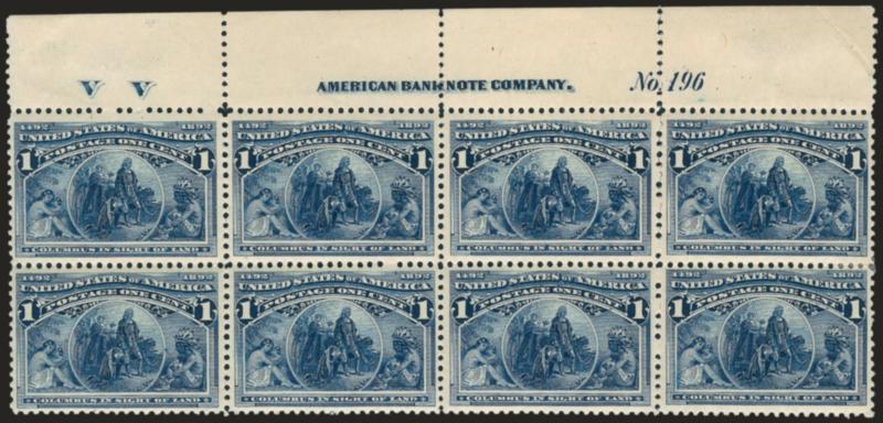 1c Columbian (230).> Top imprint, plate no. 196 and letter V V at left block of eight, small h.r. at right between stamps and at bottom, Pos. 1-3 Mint N.H., few expertly rejoined perf separations in selvage,
small crease in selvage at top right, st