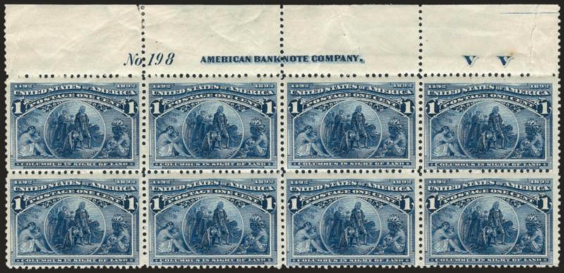 1c Columbian (230).> Top imprint, plate no. 198 and letter V V at right block of eight, original gum, h.r. in selvage, natural gum bends and creases, Fine