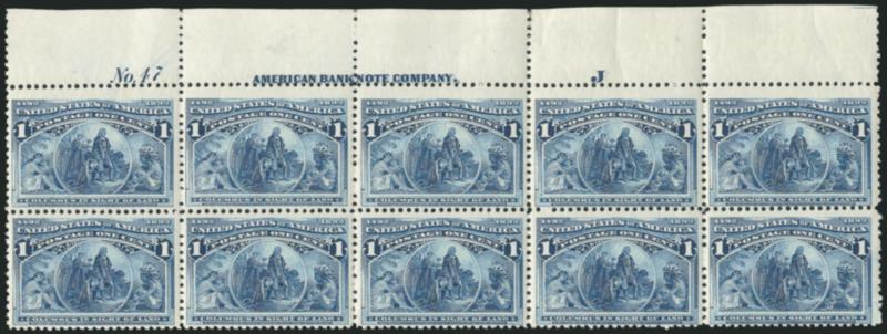 1c Columbian (230).> Four top imprint, plate no. and letter blocks of ten, plate nos. and letters 46J, 47J, 48J and 159O O, original gum, many stamps Mint N.H., range of shades from Deep Blue to Pale Blue, few
small faults, Very Good-Fine