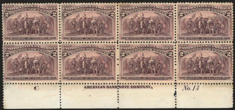 2c Columbian (231).> Bottom imprint, plate no. 13 and letter C at left block of eight, original gum which is toned, few faults, otherwise Fine