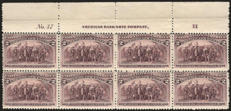 2c Columbian (231).> Mint N.H. top imprint, plate no. 37 and letter H at right block of eight, deep rich color, tiny thin speck in selvage, Fine appearance