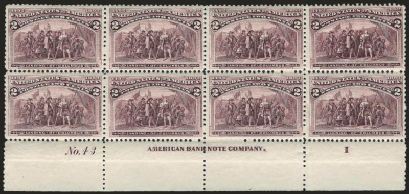 2c Columbian (231).> Mint N.H. bottom imprint, plate no. 43 and letter I at right block of eight, rich color, top right stamp tiny pinhole, right stamps faint internal crease, appears Fine-Very Fine