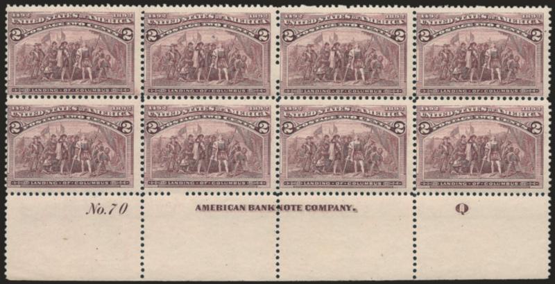 2c Columbian (231).> Mint N.H. bottom imprint, plate no. 70 and letter Q at right block of eight, radiant color, fresh and Fine