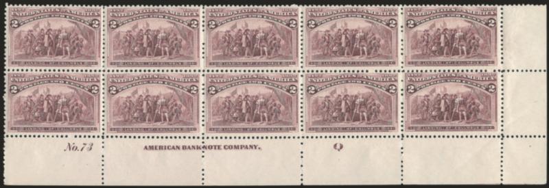 2c Columbian (231).> Bottom right corner imprint, plate no. 73 and letter Q block of ten, top left stamp single hinge mark, others Mint N.H., radiant color, well-balanced margins, few slightly telescoped perfs,
Very Fine