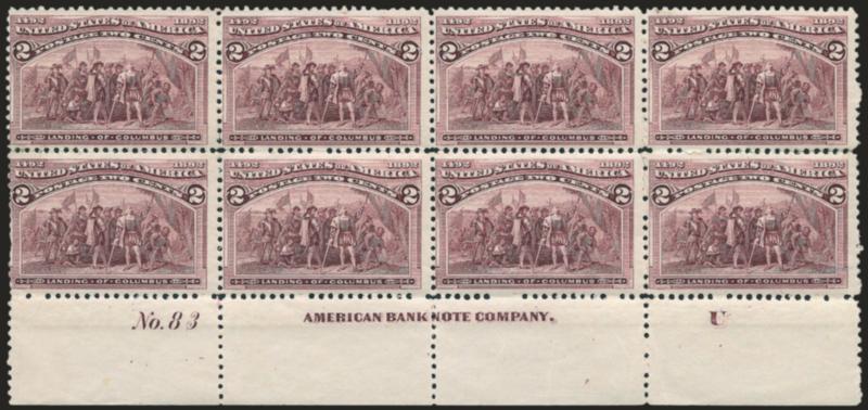 2c Columbian (231).> Bottom imprint, plate no. 83 and letter U at right block of eight, original gum, lightly hinged, radiant color, few expertly rejoined perf separations, perf flaws at left, otherwise
Fine
