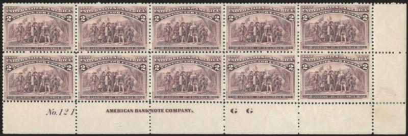 2c Columbian (231).> Bottom right corner imprint, plate no. 121 and letter G G block of ten, Mint N.H. except small h.r. in selvage at right, radiant color, fresh and Fine-Very Fine, Scott Retail as Mint
N.H.