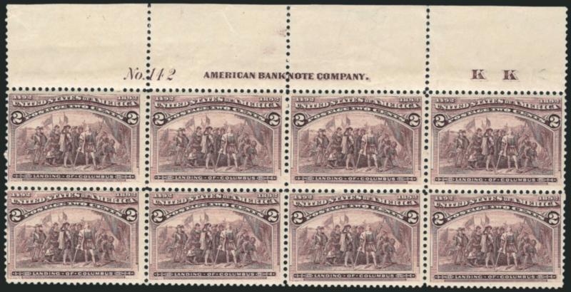 2c Columbian (231).> Top imprint, plate no. 142 and letter K K at right block of eight, original gum, lightly hinged, crisp impression, fresh and Fine