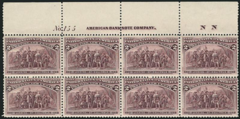 2c Columbian (231).> Top imprint, plate no. 155 and letter N N at right block of eight, original gum, top stamps Mint N.H., bottom stamps lightly hinged, bottom right stamp small natural inclusion, Fine-Very
Fine