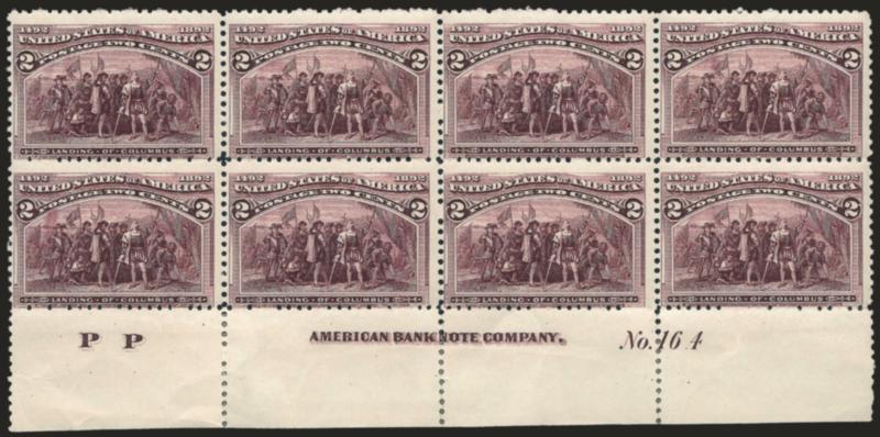 2c Columbian (231).> Bottom imprint, plate no. 164 and letter P P at left block of eight, intense shade, original gum, h.r. in selvage, Very Good