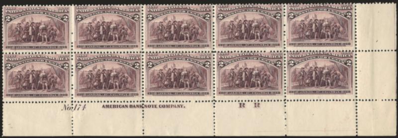 2c Columbian (231).> Two items, mint N.H. top left and bottom right imprint, plate no. and letter blocks of ten, first is plate no. 33 with letter G, second is plate no. 174 and letter R R, few telescoped perfs
and minor perf separations, few lig