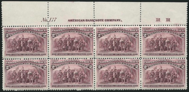 2c Columbian (231).> Mint N.H. top imprint, plate no. 177 and letter R R at right block of eight, deep rich color and proof-like impression, fresh and overall Fine with a couple of Extremely Fine stamps
contained within