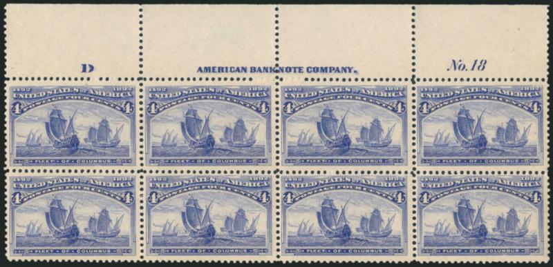 4c Columbian (233).> Top imprint, plate no. 18 and letter D at left block of eight, original gum, bright fresh color, Fine-Very Fine