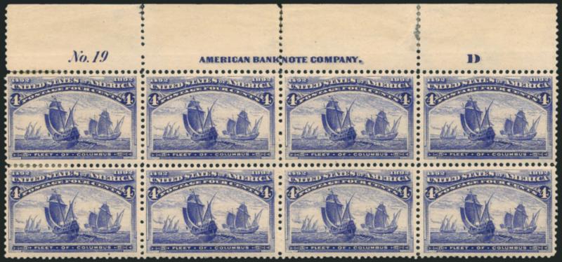 4c Columbian (233).> Top imprint, plate no. 19 and letter D at right block of eight, original gum, h.r., deep rich color and proof-like impression, few perf separations reinforced, small perf flaw in selvage
(could be trimmed), otherwise Fine-Very