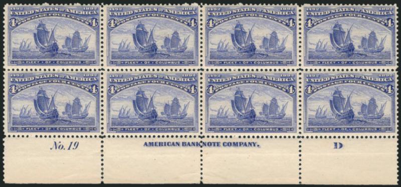 4c Columbian (233).> Mint N.H. bottom imprint, plate no. 19 and letter D at right block of eight, bright color, folded along some perfs causing some weakening, still fresh and Fine-Very Fine