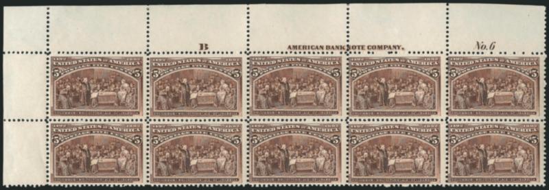 5c Columbian (234).> Top left imprint, plate no. 6 and letter B block of ten, stamps Mint N.H., tiny hinge slivers at top of selvage (easily trimmed making this Mint N.H.), rich color, fresh and Fine, Scott
Retail as hinged