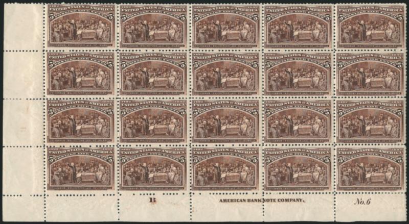 5c Columbian (234).> Bottom left corner imprint, plate no. 6 and letter B block of 20, mostly Mint N.H., small h.r. at plate no. and at one spot in selvage, natural gum creases, few expertly rejoined perf
separations, otherwise Fine, an impressive