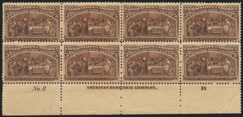 5c Columbian (234).> Bottom imprint, plate no. 8 and letter B at right block of eight, original gum, h.r., intense shade, paper with very slight overall toning, otherwise Fine-Very Fine, bottom row contains
Jumbos