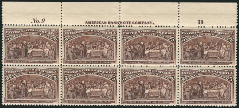 5c Columbian (234).> Top imprint, plate no. 9 and letter B at right block of eight, original gum, lightly hinged, well-proportioned margins, few minor perf separations expertly reinforced, Fine-Very Fine,
handsome top position plate block